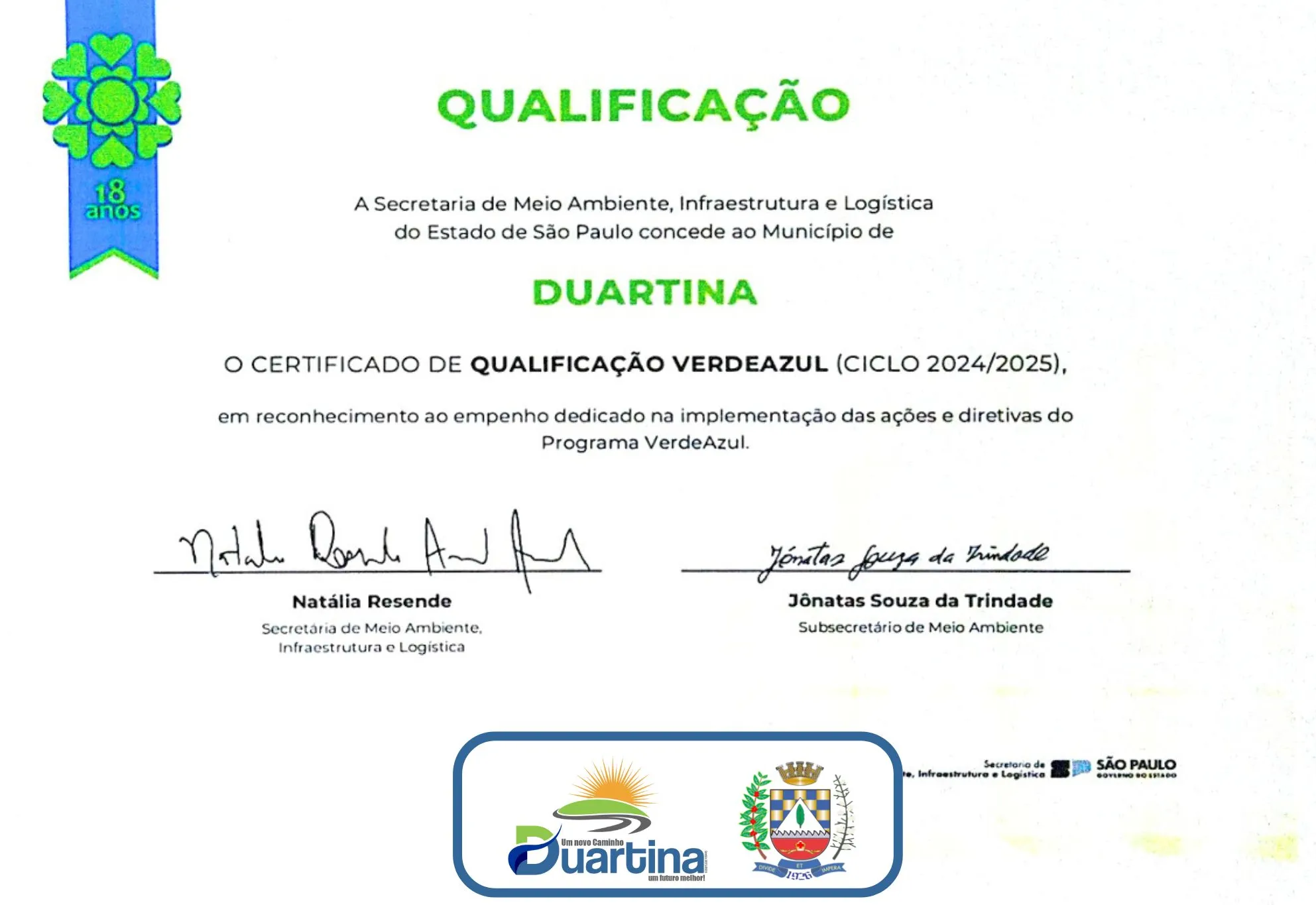 Duartina conquista Qualificação no Programa VerdeAzul em seu primeiro ano de participação efetiva