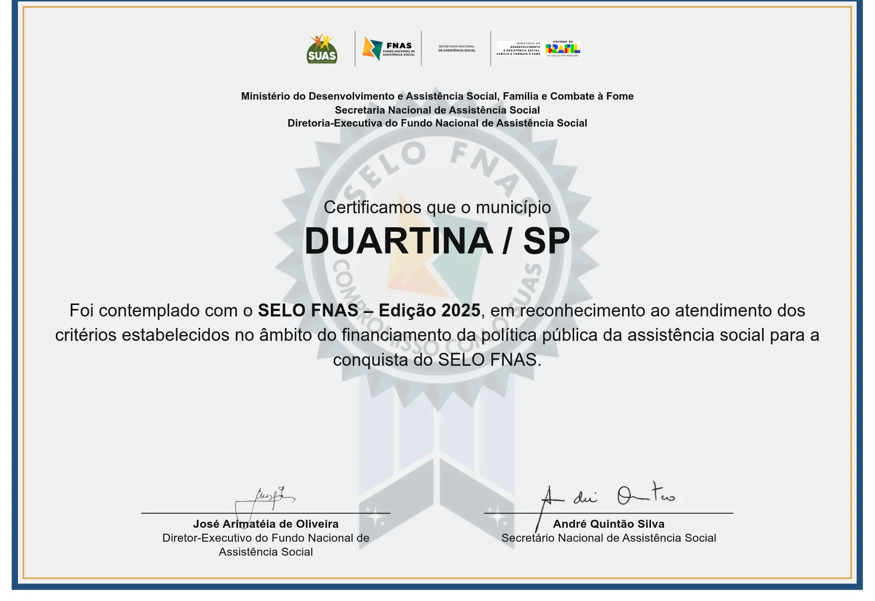 Duartina conquista Selo FNAS e se destaca na gestão da Assistência Social